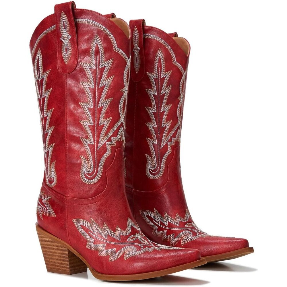 🆕Women Deep Red Faux Leather Wood Grain Embroidered Chunky Heel Cowgirl Boots - Picture 2 of 8